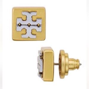 Tory Burch gold square silver logo small stud earrings
